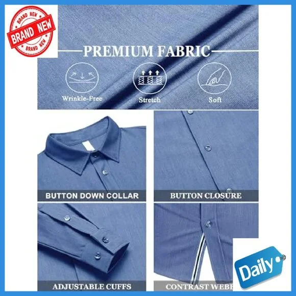 Men's Long Sleeve Button Down Shirt Wrinkle Free Business Casual Denim - Picture 6 of 8